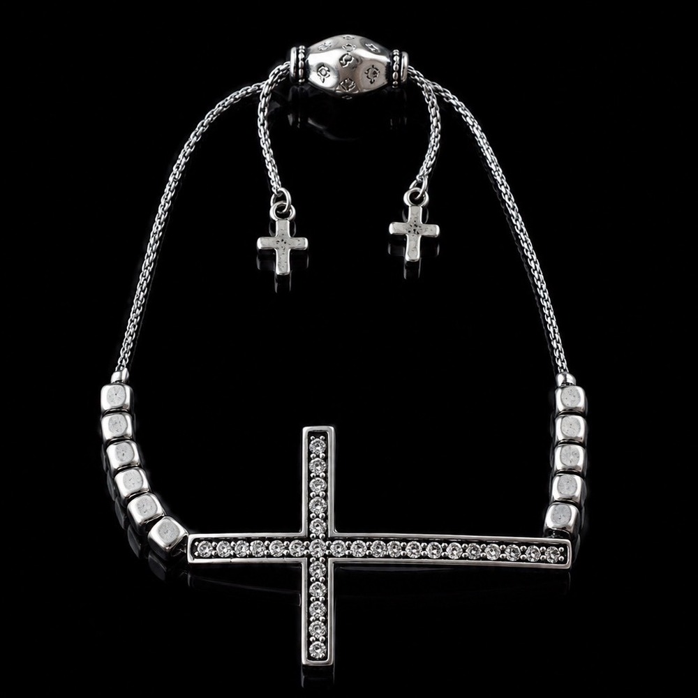 Jesus Sideways Cross Religious Silver Tone Rhinestones Adjustable Bolo Bracelet